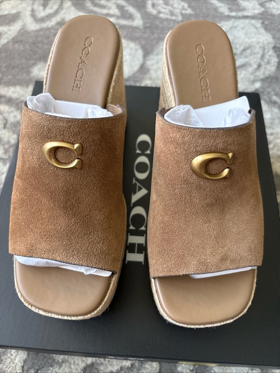 Coach Shoes - COACH Signature Suede Logo Espadrille Platform Wedge Slide Sandals Size-9.5 New